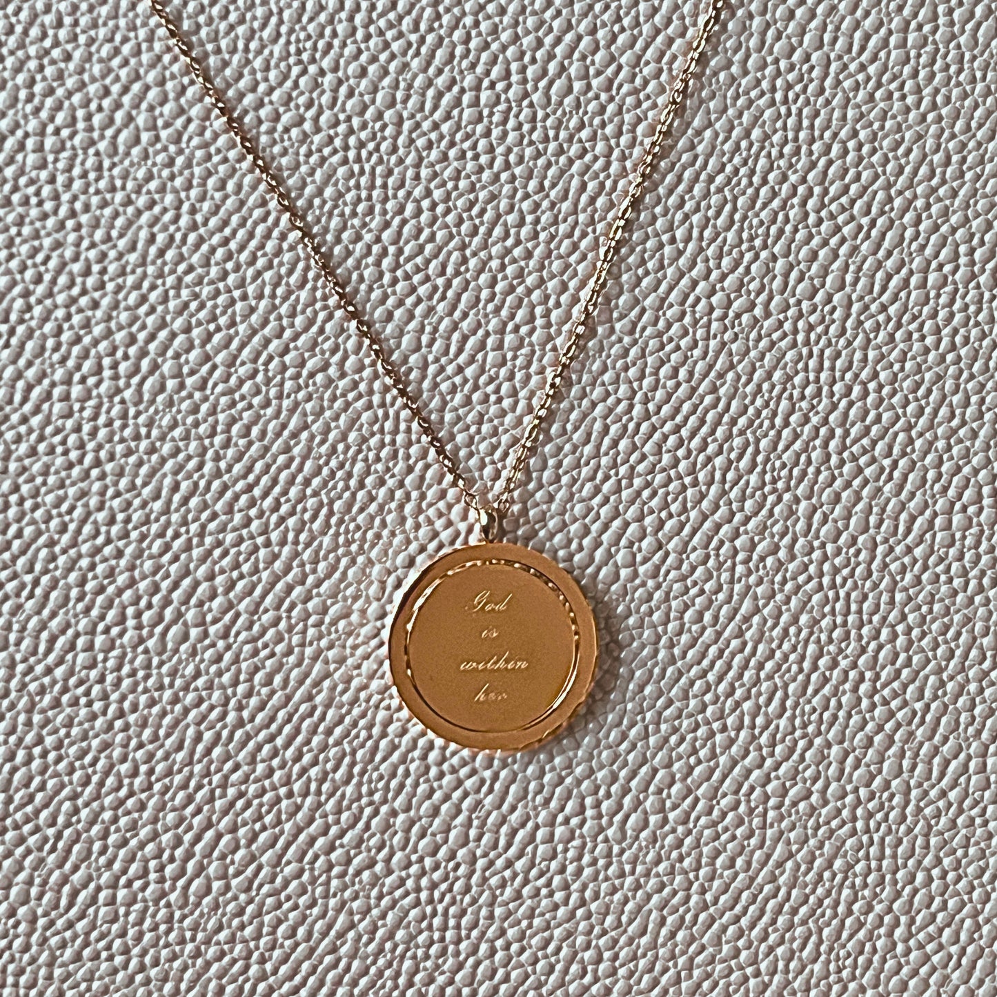 "God Is Within Her/She Will Not Fall" Spinning Disc Necklace