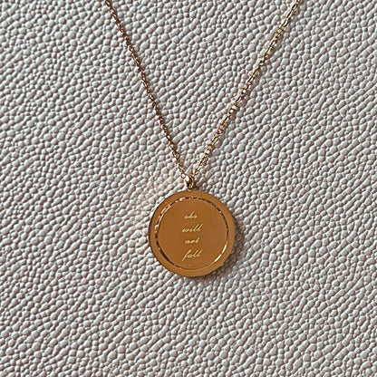 "God Is Within Her/She Will Not Fall" Spinning Disc Necklace