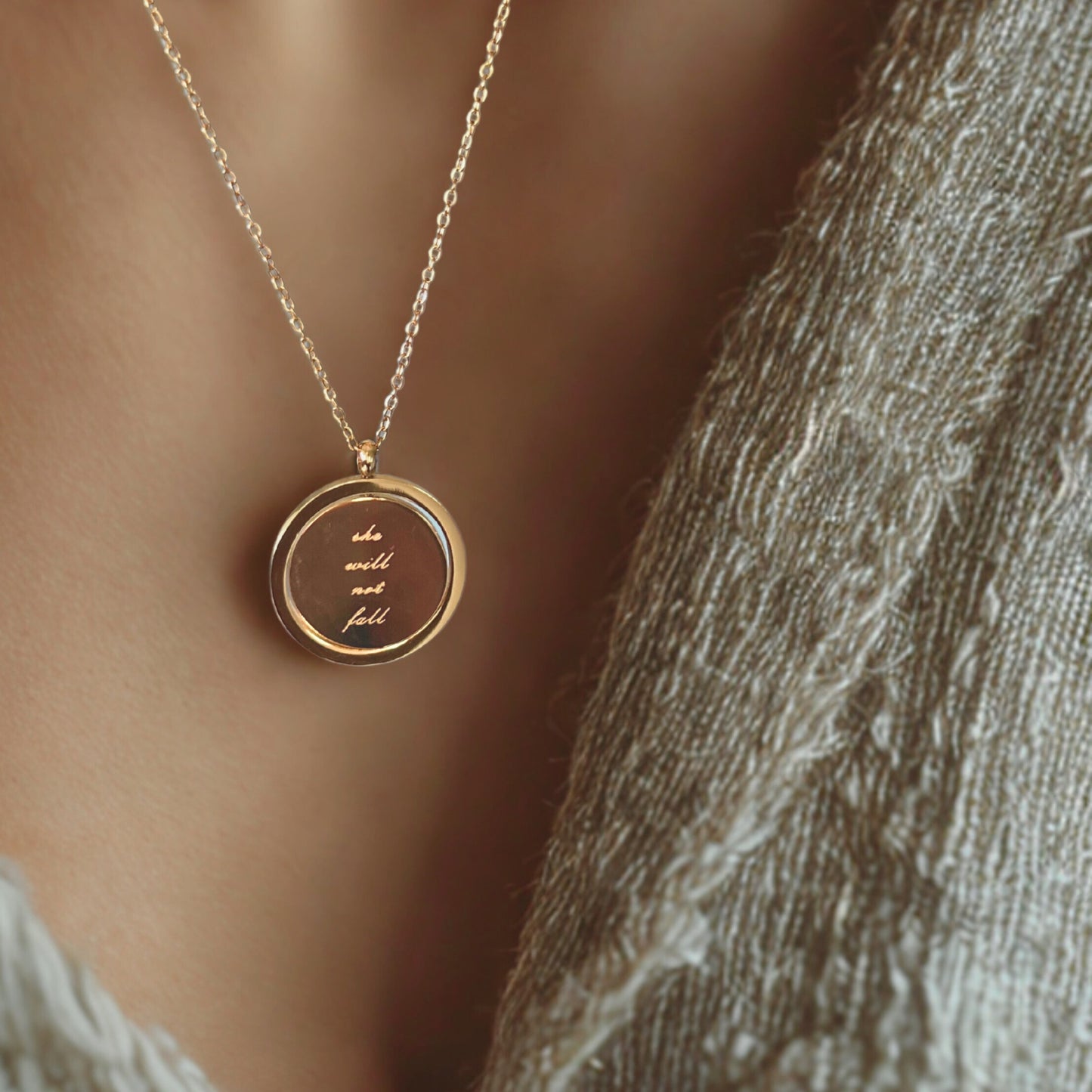 "God Is Within Her/She Will Not Fall" Spinning Disc Necklace